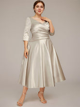 A-line V-Neck Tea-Length Satin Mother of the Bride Dress With Pleated